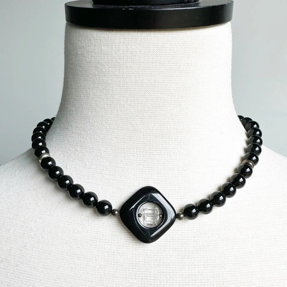 Vintage Black and Crystal Beaded Necklace Choker Square Bead Costume Jewelry - Picture 1 of 7
